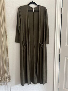 Long Open-Front Knit Cardigan - Olive